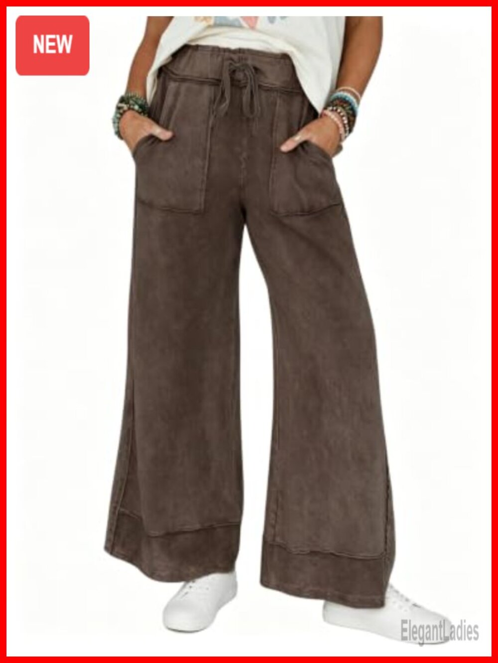 Wide Leg Sweatpants High Rise Elastic Waist Raw Edge Cotton Blend Women's